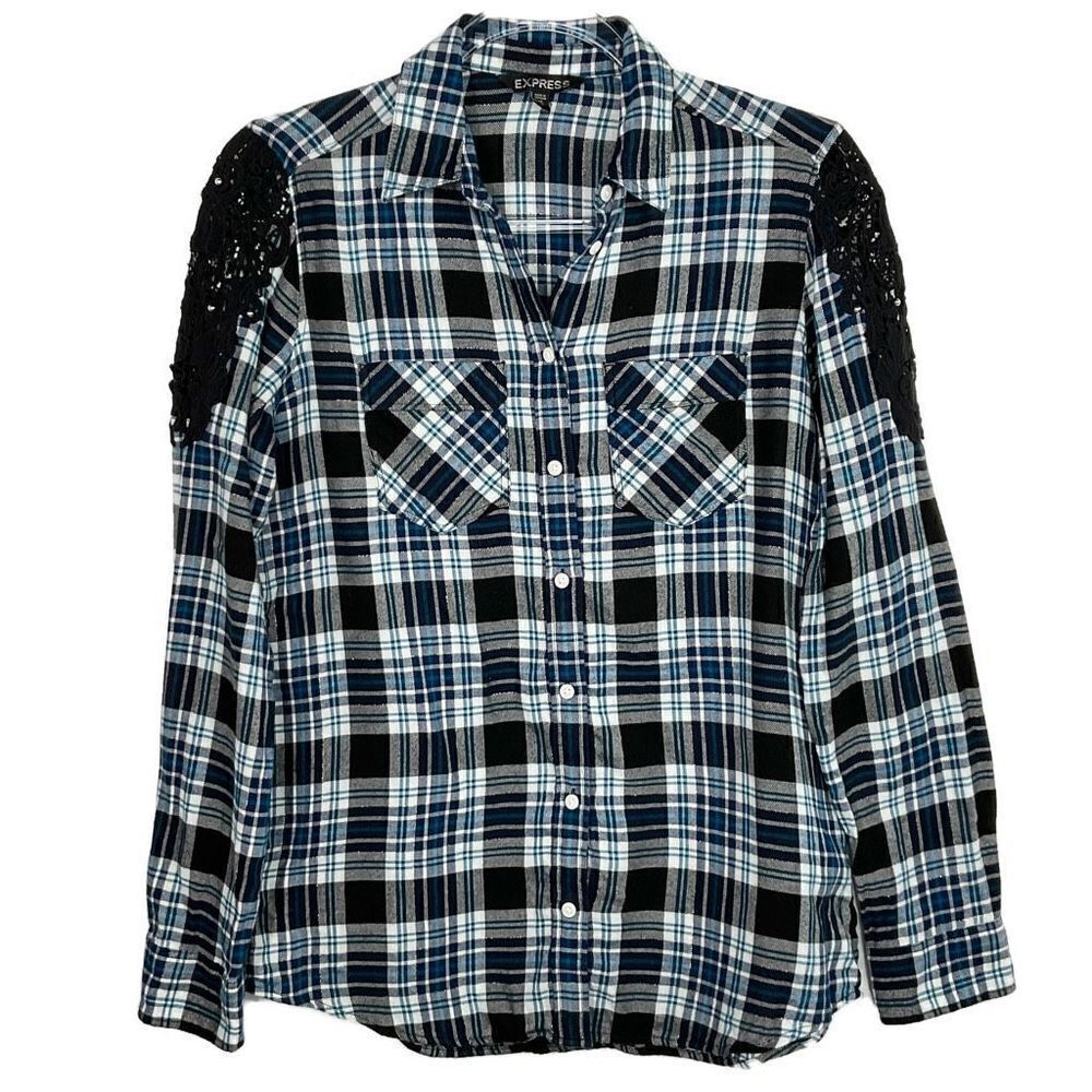 Express Black Teal Plaid Crochet Button Up Long Sleeve Shirt XS